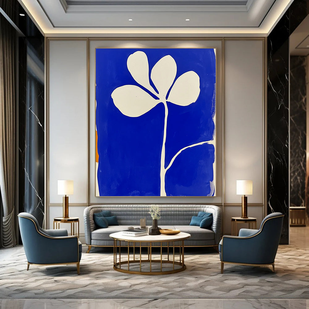Large contemporary abstract painting featuring blue and white minimalist flower shapes in the style of Matisse with block print aesthetics. DLZ1154