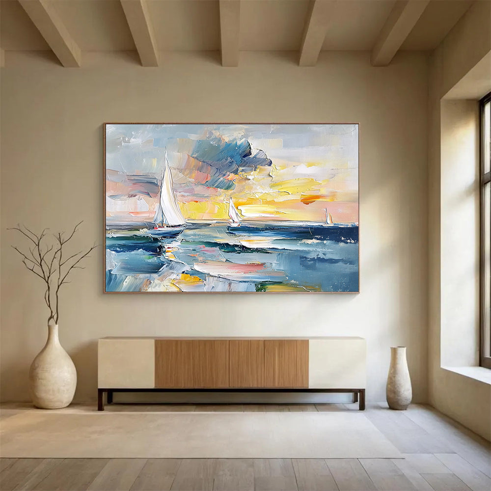 “Colorful Sailboat Sunset” - Blues, Yellows, Oranges, Abstract Sailboat Scene - Impasto Oil Painting HB1722