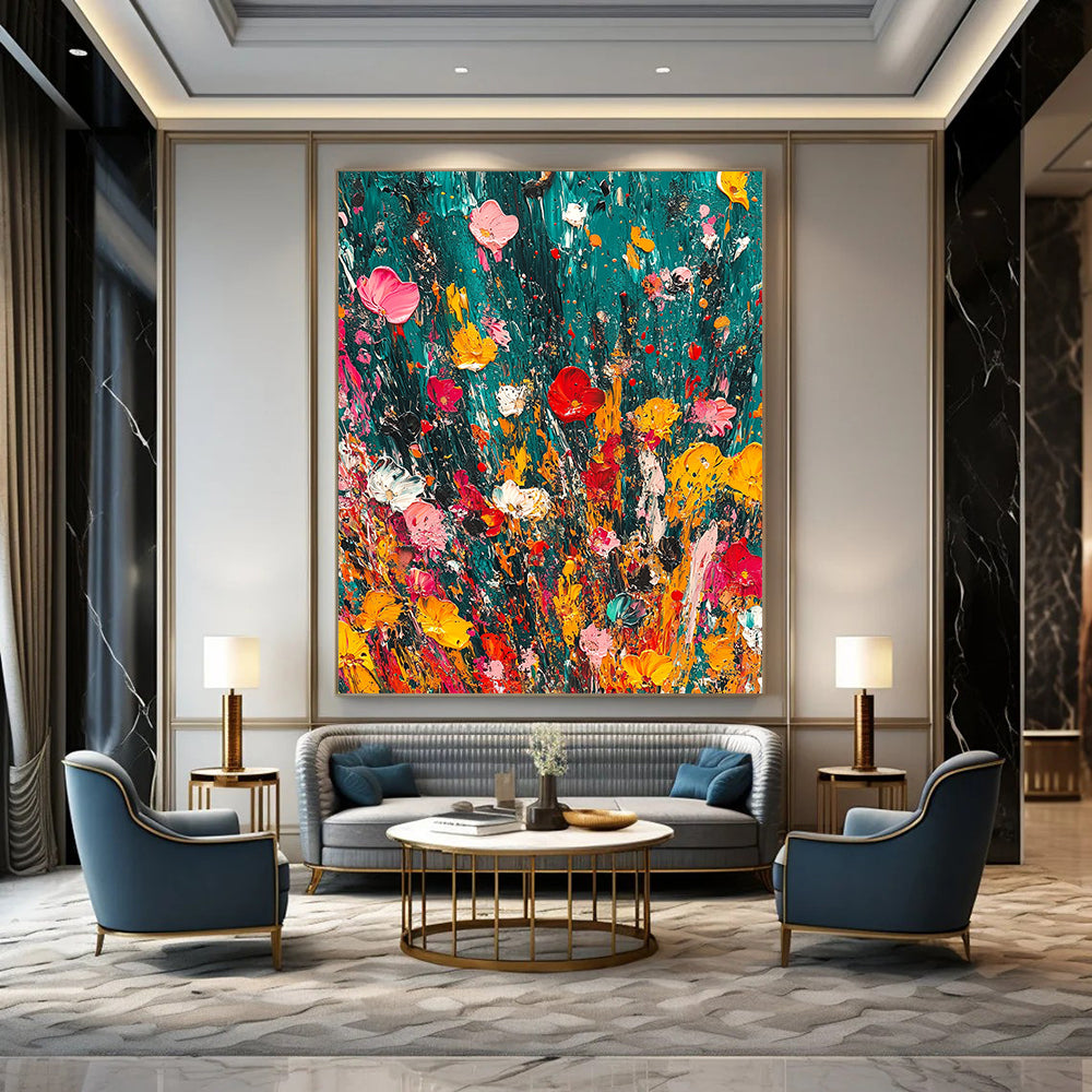 Vibrant contemporary abstract painting featuring lush emerald green and dynamic splashes of color creating a joyful and playful atmosphere. DLZ1175