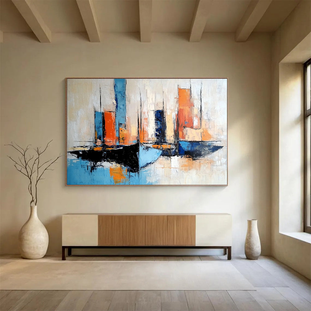 “Colorful Sailboats” - Blues, oranges, whites; Abstract sailboats in a vibrant harbor; Impressionistic Oil Painting On Canvas HB1178