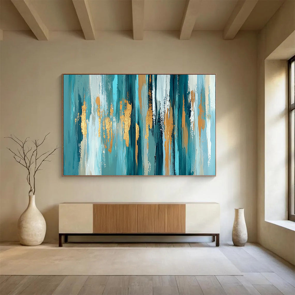 “Teal Gold Vertical Streaks” - Teal, gold, white, beige; Vertical abstract streaks with gold accents HB1289