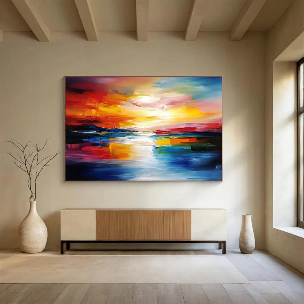 “Fiery Sunset Reflections” - Bold Reds, Oranges, Yellows, and Blues, Dramatic Sunset Over Water Painting On Canvas HB0910