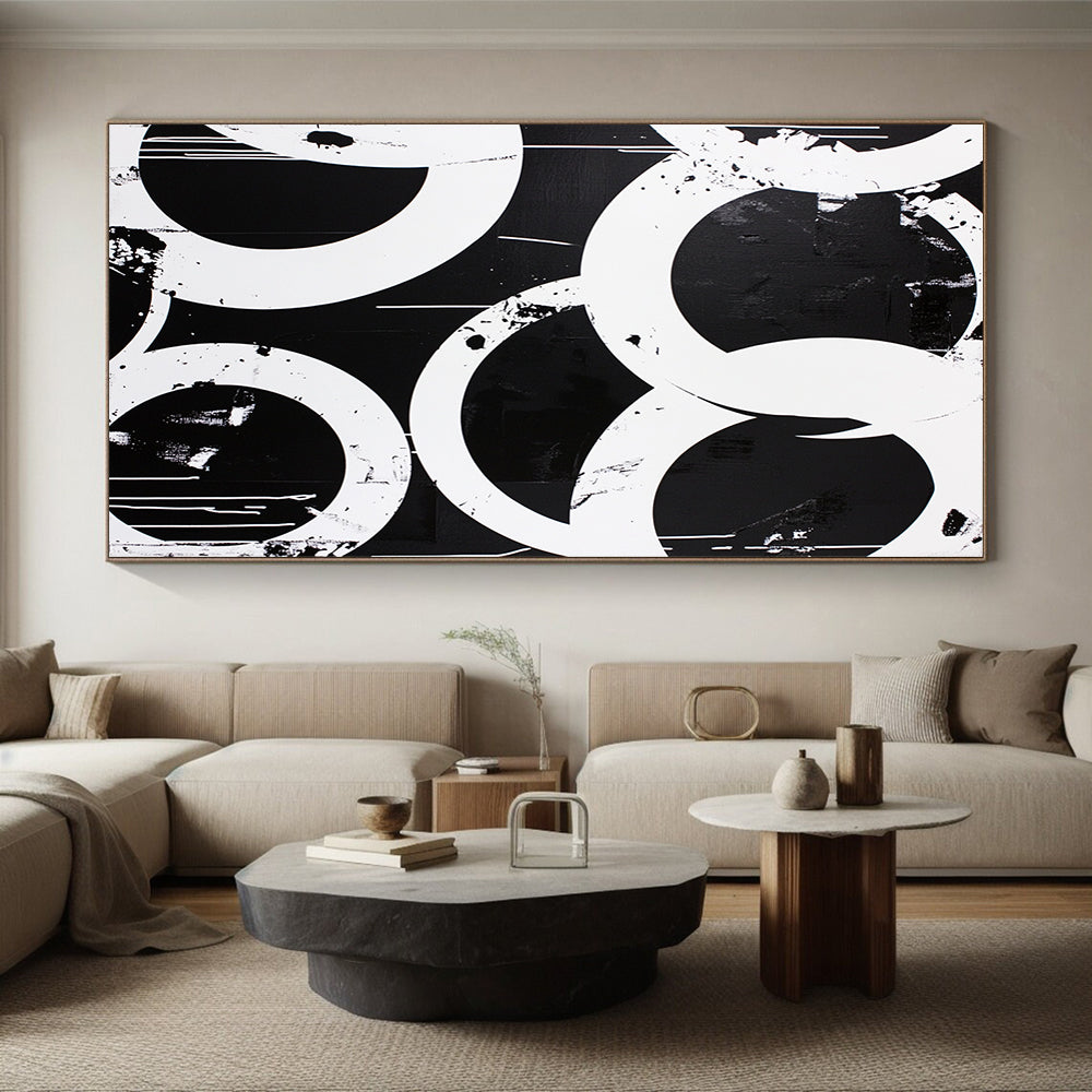 Black, White, Overlapping Circles "Graphic Circle Overlaps" Abstract Pop - Art Inspired Painting On Canvas HB173