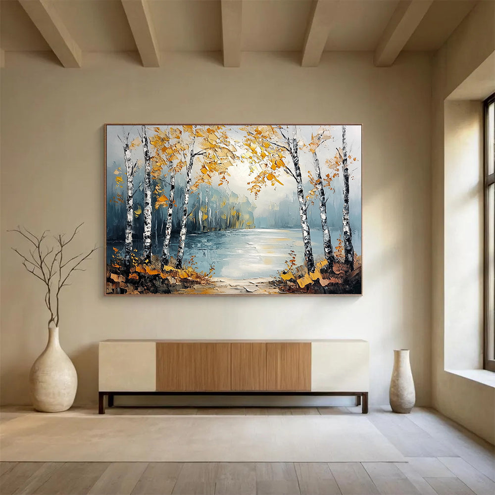 “Autumn Birch Lake” - Yellows, Blues, Whites, Birch Trees by a Lake in Autumn - Textured Oil Painting HB1707