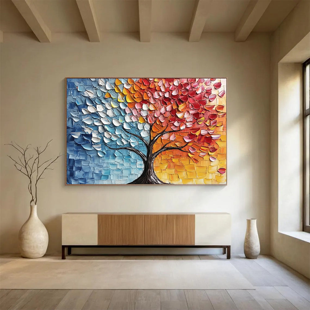 “Split - Color Textured Tree” - Blue, Orange, Red, Yellow, Textured Tree Silhouette - Palette Knife Acrylic Painting HB1638