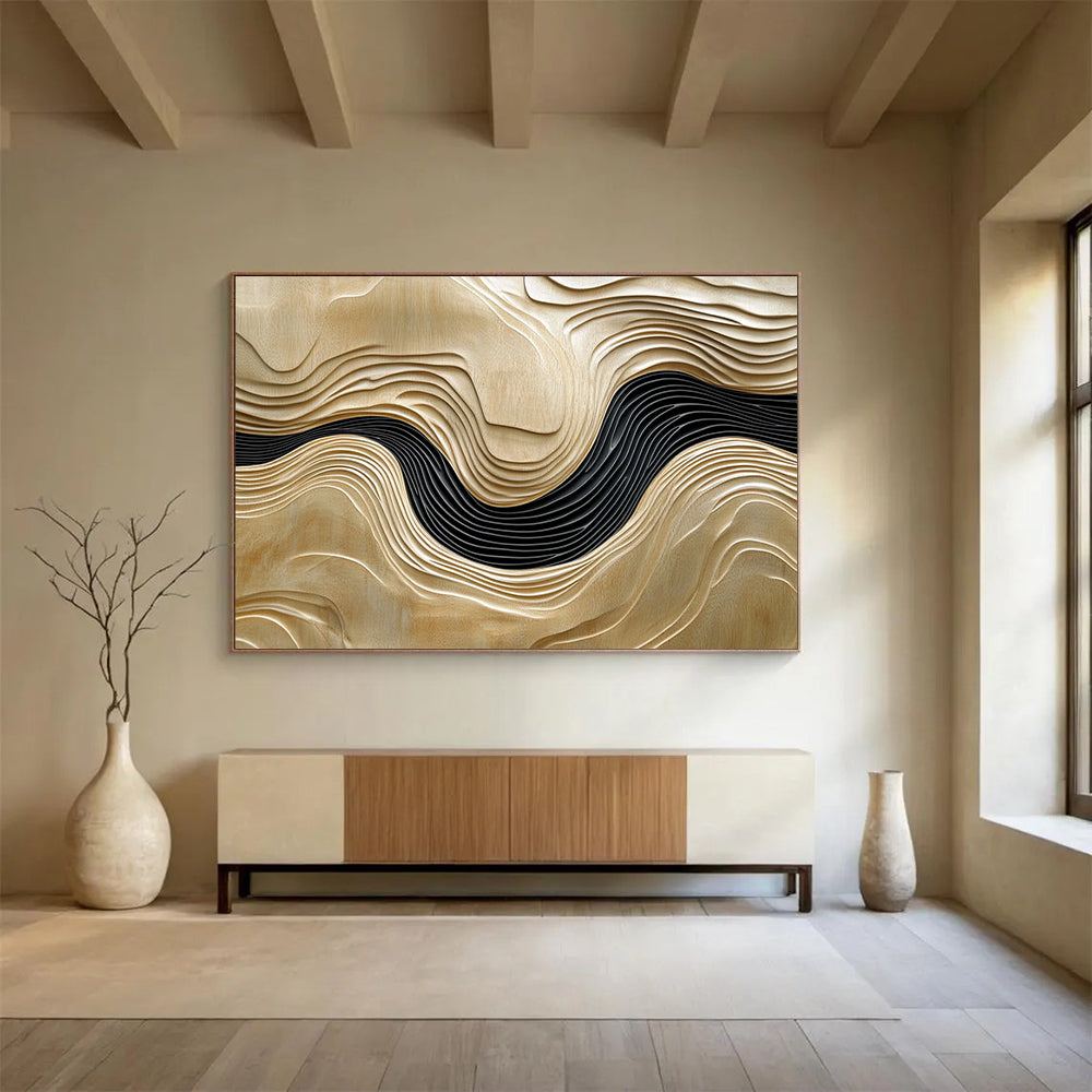 “Wooden Wave Carvings” - Light Wood, Black, 3D Abstract Wave Forms - Wood Art HB1634