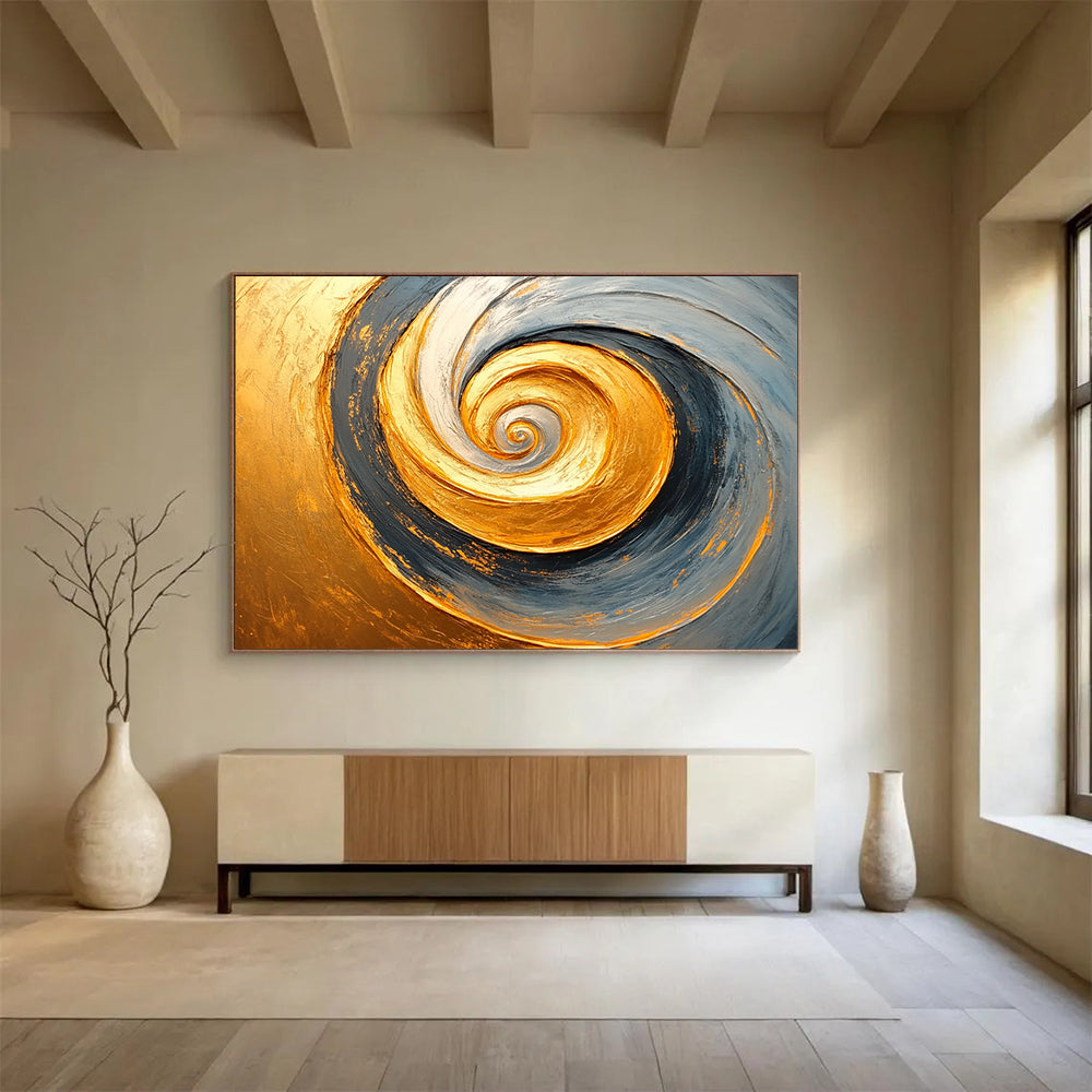 “Golden Spiral Abstract” - Gold, Gray, Spiral Abstract Oil Painting On Canvas HB0723