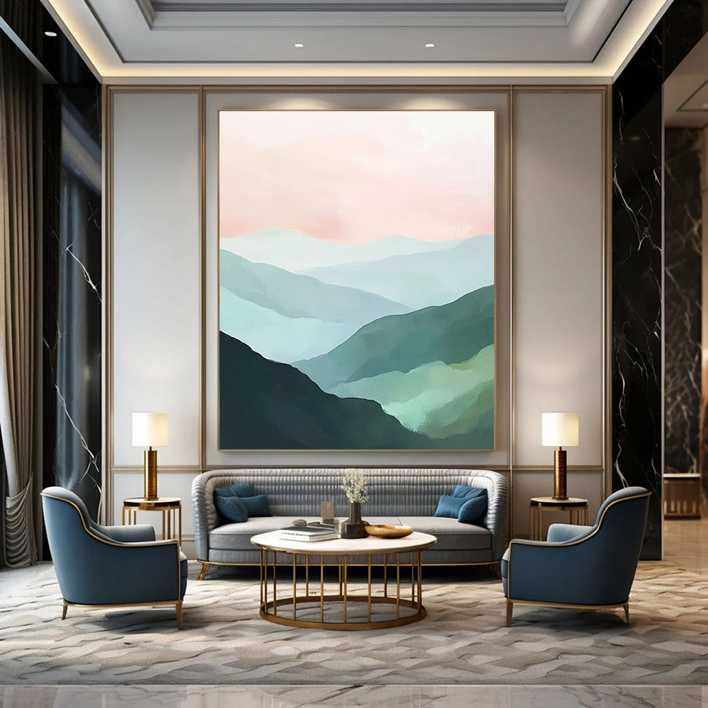 Contemporary abstract painting features green mountains and a soft pink sky creating a tranquil landscape with a harmonious color palette of mint green and pale blue. DLZ0394