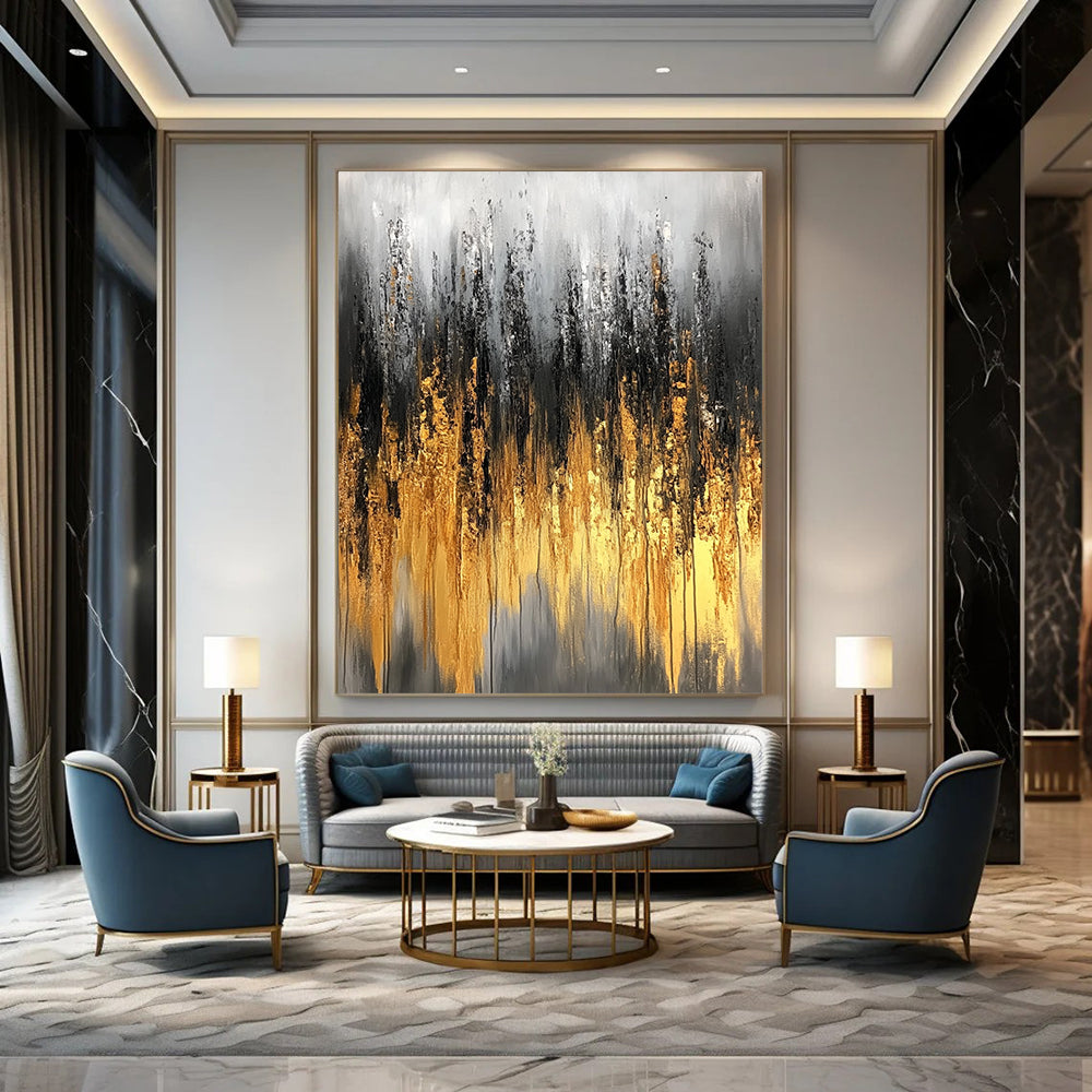 Large contemporary abstract painting featuring gray and gold tones with textured brushstrokes and delicate light effects on a soft background. DLZ0746