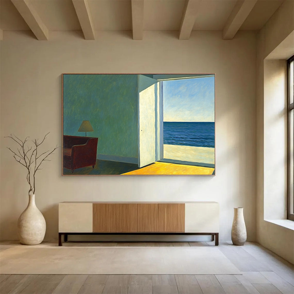 “Room with a View of the Sea” - Green, Blue, Yellow, Interior with Sea View - Realist Oil Painting HB1644