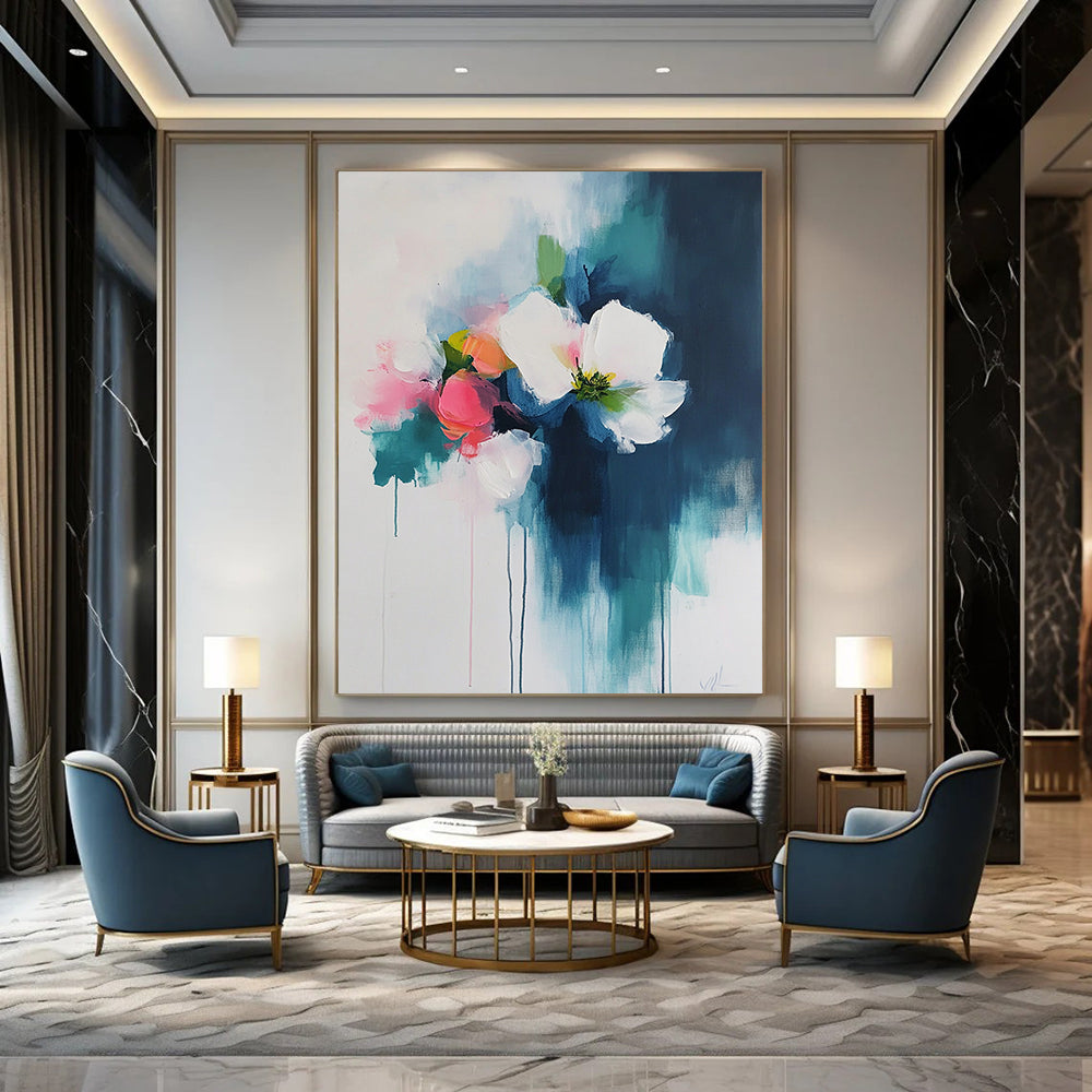 Contemporary abstract art featuring thick brush strokes of dark teal and light pink on a white background, evoking a soft and atmospheric floral theme. DLZ0621
