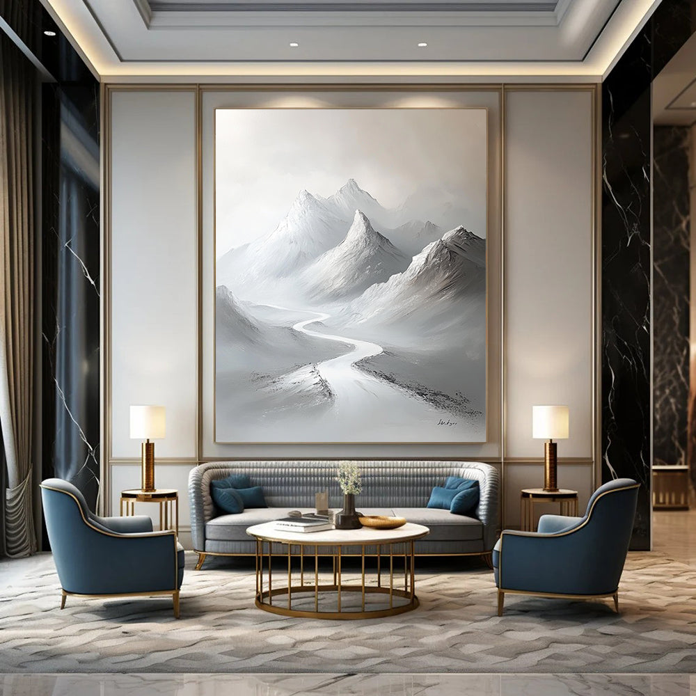 Contemporary large hand-painted abstract artwork featuring snow-covered mountains with a minimalist white palette and elegant brushstrokes on a gray background. DLZ1417