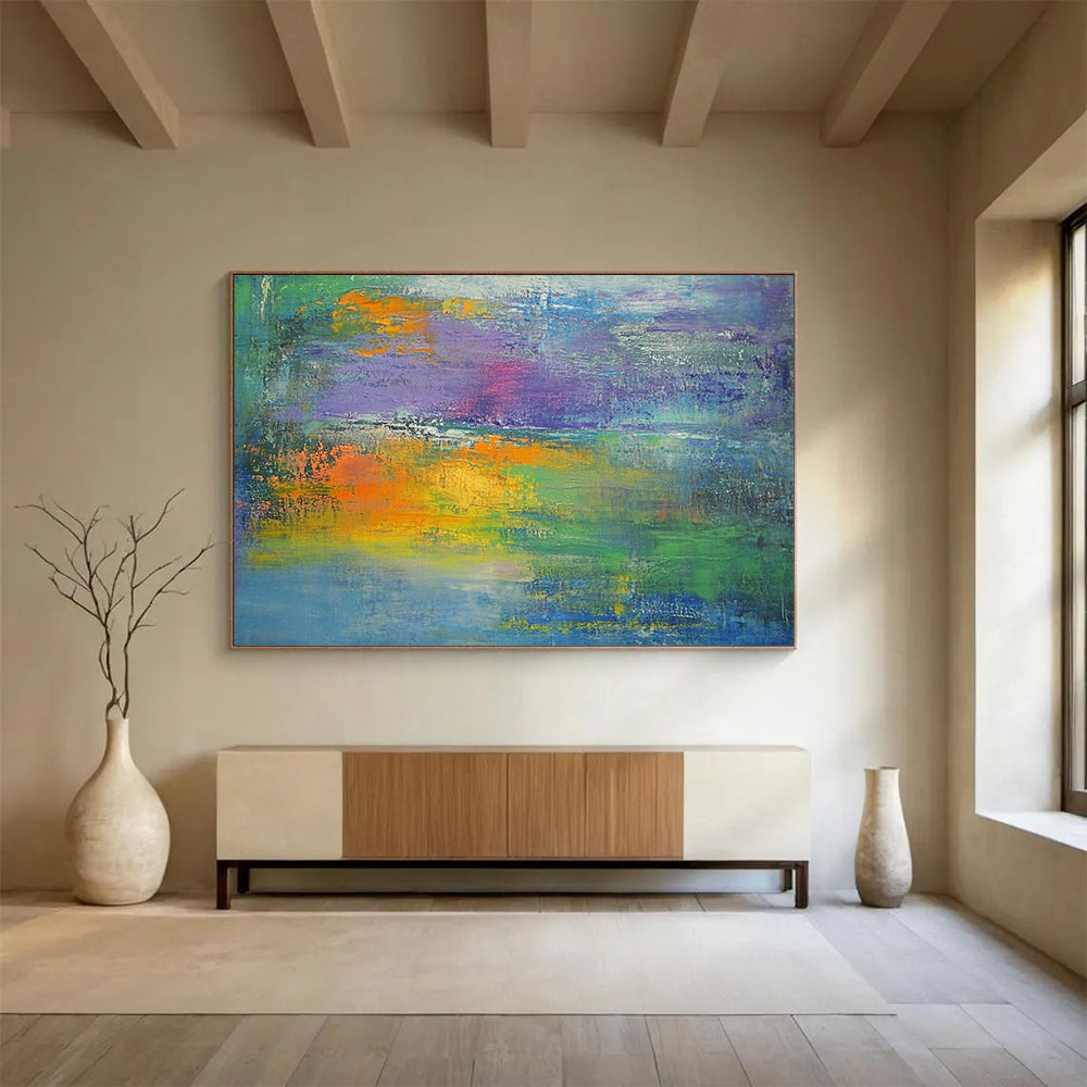 “Colorful Abstract Landscape” - Green, blue, purple, orange, yellow; Colorful abstract landscape with thick brushstrokes; Oil Painting On Canvas HB1275