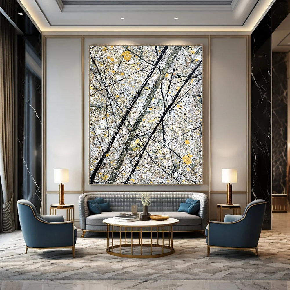 Large contemporary hand-painted abstract artwork features gray and yellow splashes alongside intricate black lines representing tree branches. DLZ1587