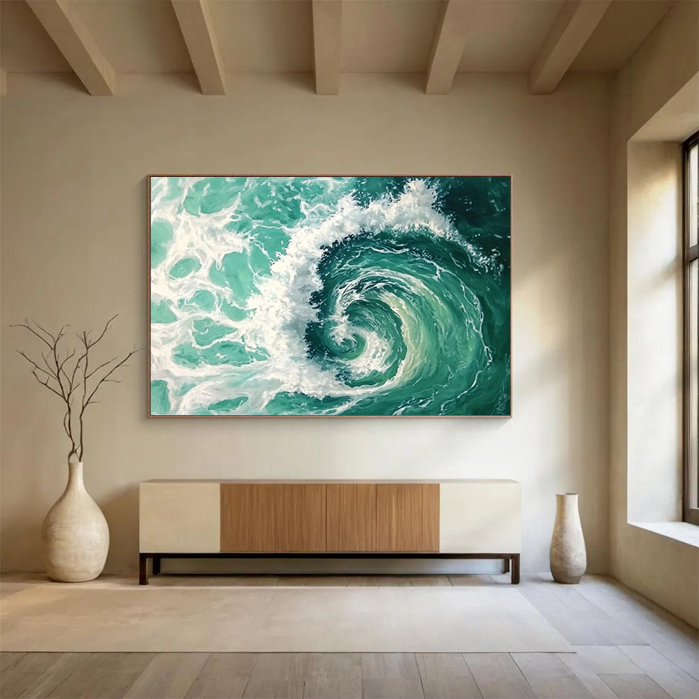 “Turquoise Ocean Vortex” - Turquoise, White, Spiral Waves Painting On Canvas HB0733