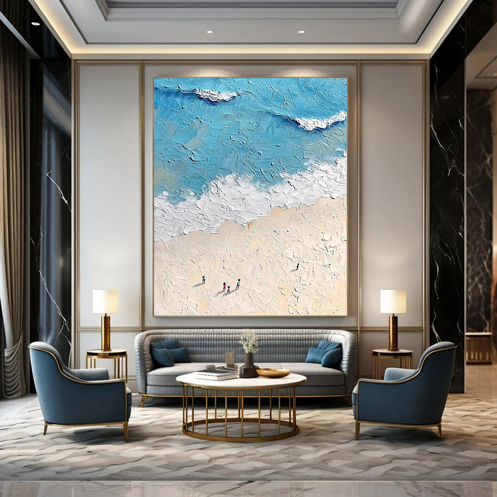 Contemporary hand-painted abstract artwork depicting a sunny beach scene with gentle waves and fine sand in soft tones and bright colors. DLZ1530