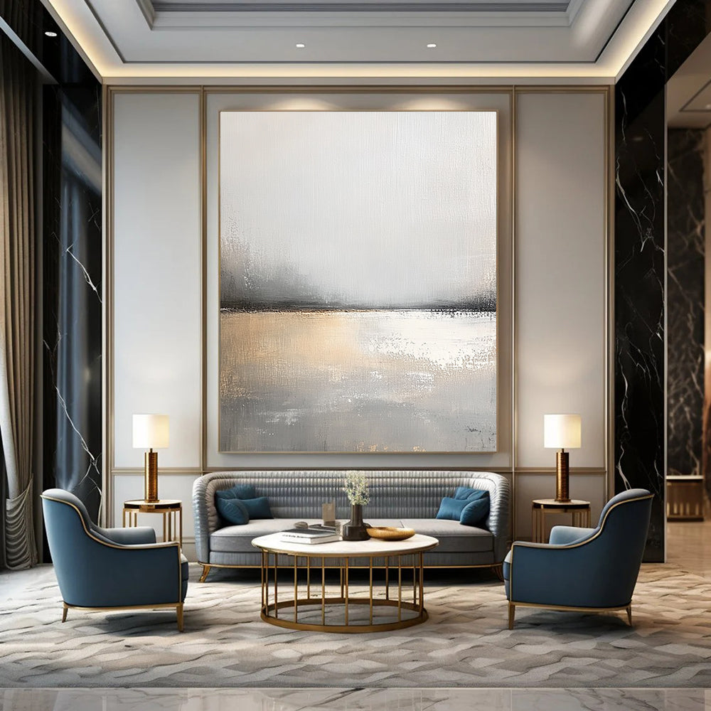 Large contemporary hand-painted abstract artwork features serene gray and white tones with soft brushstrokes and a calming effect that enhances tranquil spaces. DLZ0403