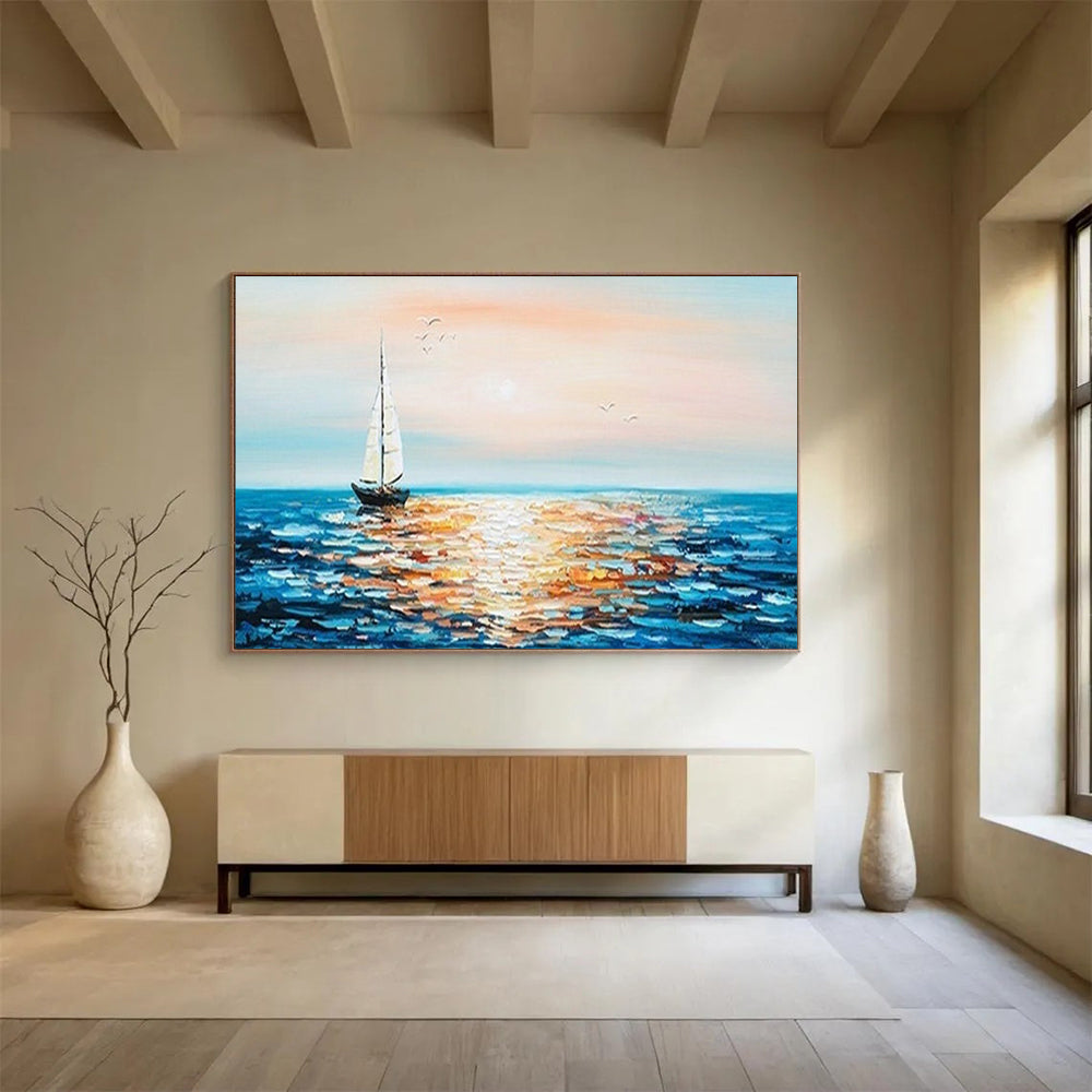 Sunset Sailboat Sea Oil Painting - Coastal Dining Room or Bedroom Art DLZ188