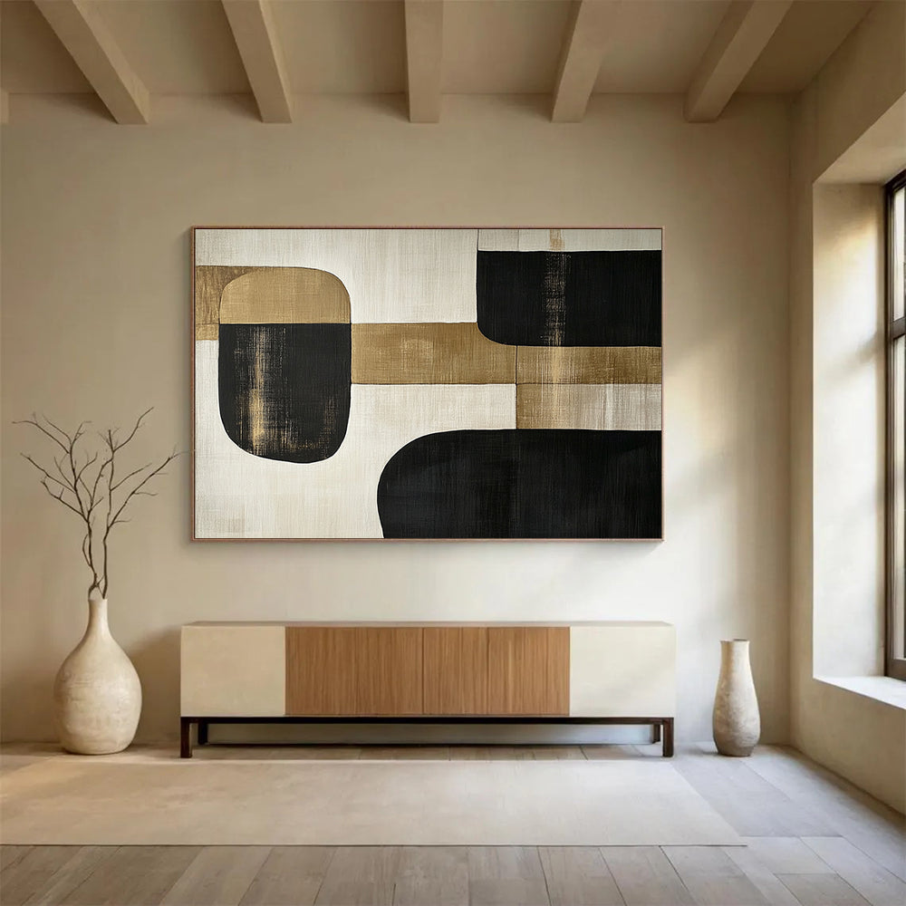 “Minimalist Gold - Black Shapes” - Gold, Black, Minimalist Abstract Painting On Canvas HB0782