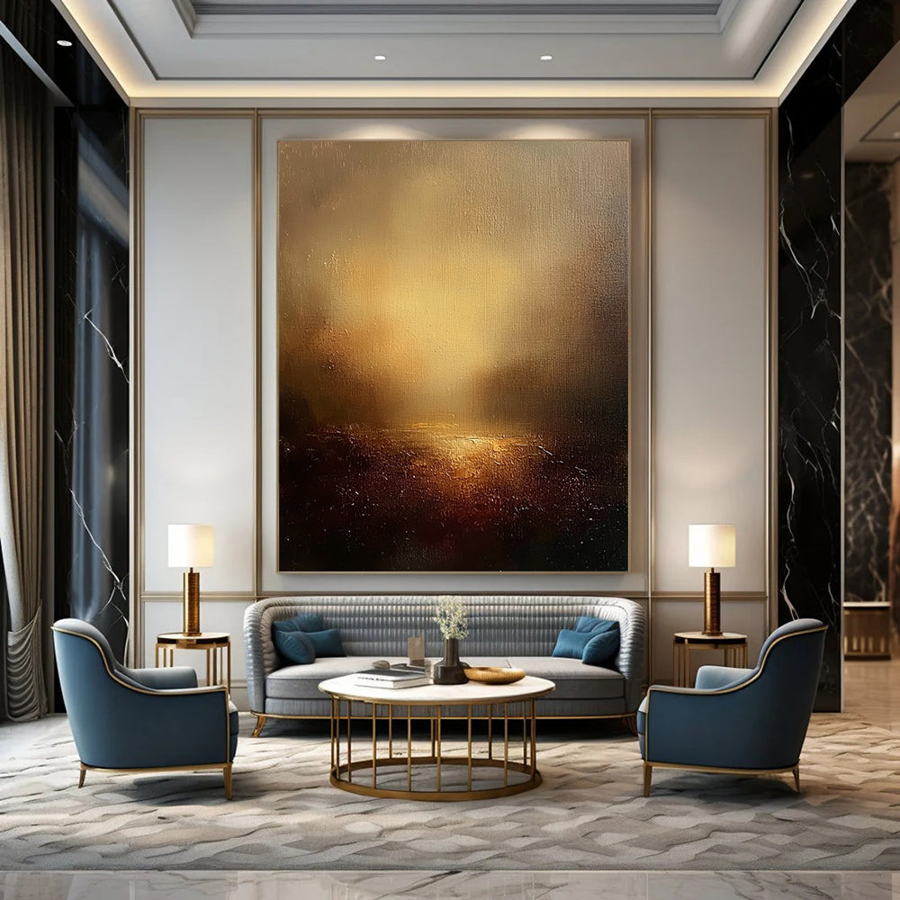 Contemporary abstract painting featuring an ethereal landscape with warm tones golden light and textured canvas against a dark sky backdrop. DLZ0458