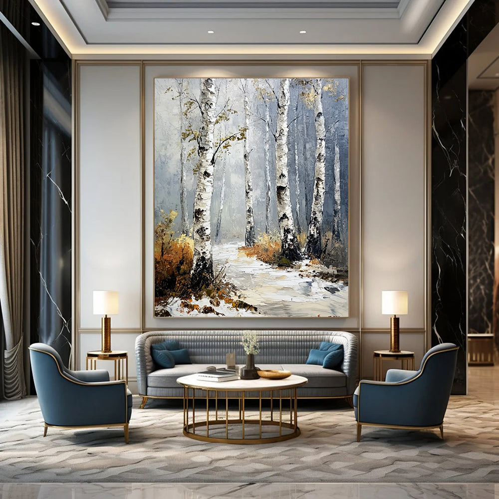 Contemporary abstract painting featuring birch trees with textured white bark and green leaves amidst a foggy atmosphere and snowy ground. DLZ1101
