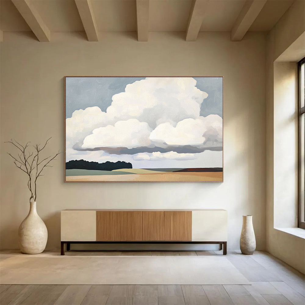 “Cloudscape Calm” - Soft grays, whites, muted greens, browns; Big fluffy clouds, open fields, trees; Minimalist Landscape Painting On Canvas HB1150