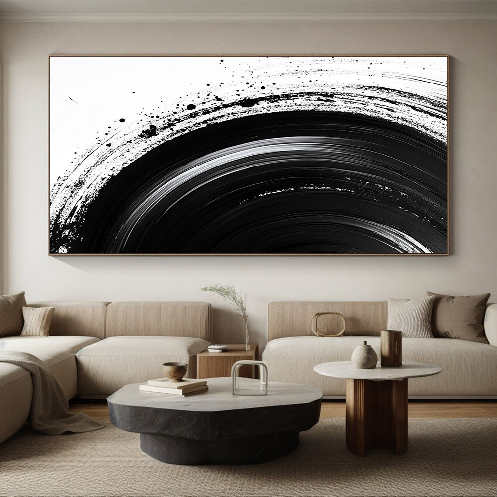 Black Concentric Brushstrokes on White - “Infinite Ink Vortex” Painting On Canvas HB217