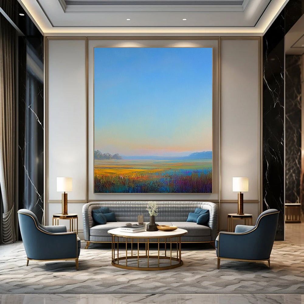 Contemporary hand-painted abstract artwork captures tranquil morning light over a serene landscape with soft hues of blue green pink and yellow. DLZ1488