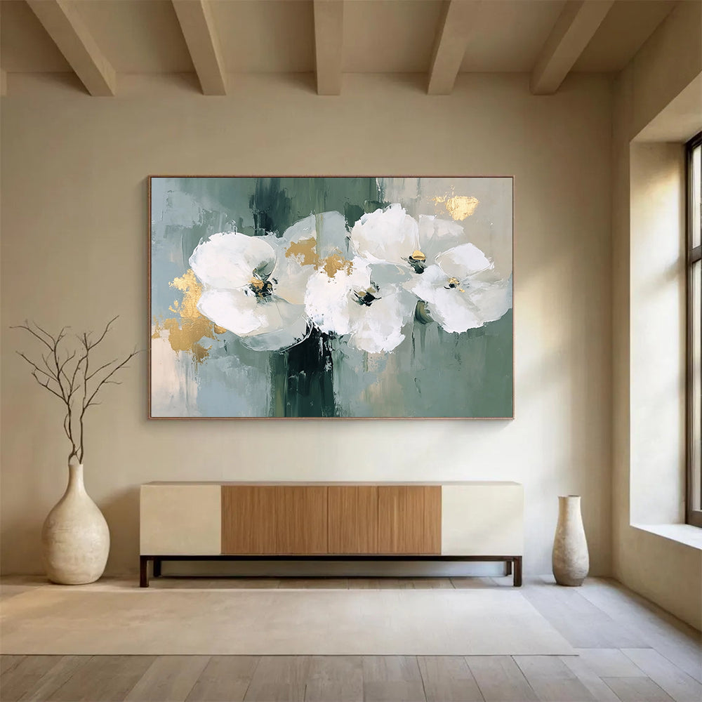“White Flowers with Gold Accents” - Green, White, Gold with Floral Forms - Painting On Canvas HB1405