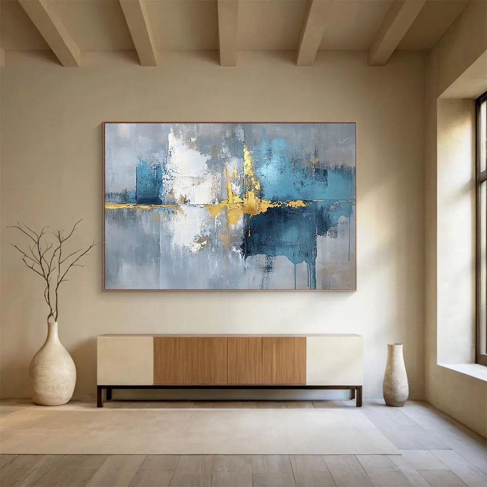 “Reflective Gold - Blue - Gray Abstract” - Gold, Blue, Gray, White, Reflective Textures Painting On Canvas HB0821