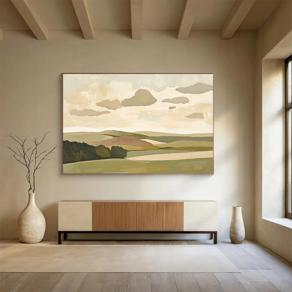 “Softly Painted Landscape” - Green, beige, pink, blue, Minimalist Landscape Painting HB0622