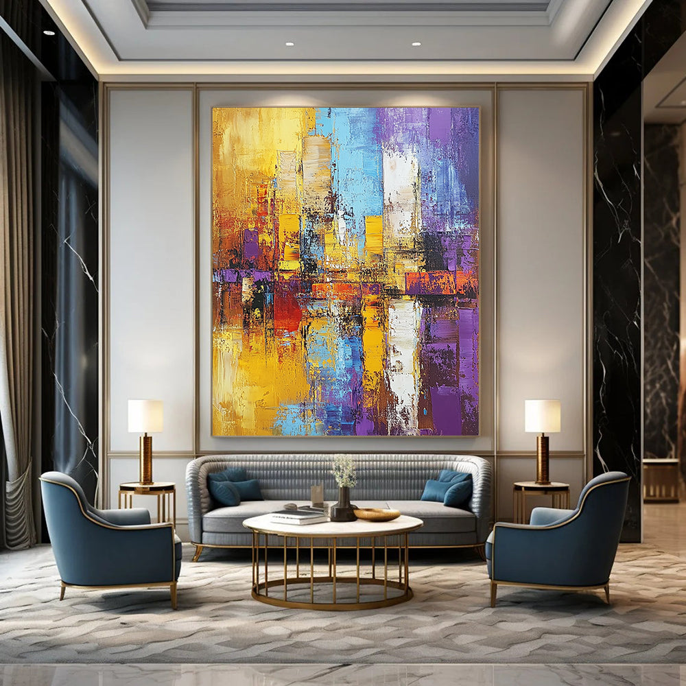 Contemporary hand-painted abstract art featuring a textured cityscape in gold and purple, showcasing expressive brushstrokes in a striking composition. DLZ0467