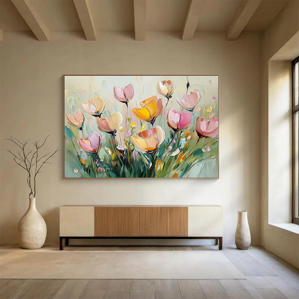 “Soft - Hued Floral Bunch” - Pale Pinks, Yellows, Greens, Gentle Flower Arrangement - Impasto Oil Painting HB1719