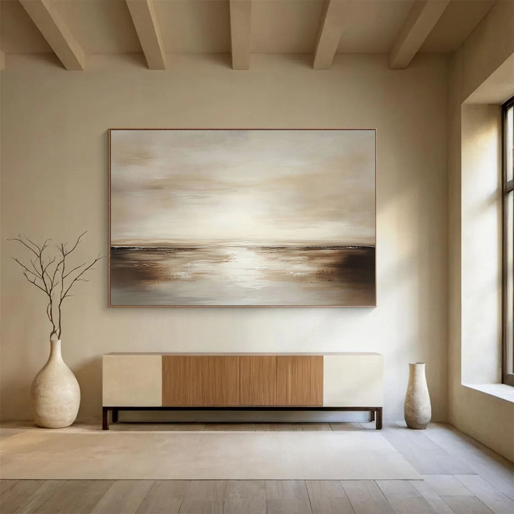 “Earthy Horizon” - Warm Browns, Soft Beiges, Vast Sky and Calm Sea Painting On Canvas HB0917