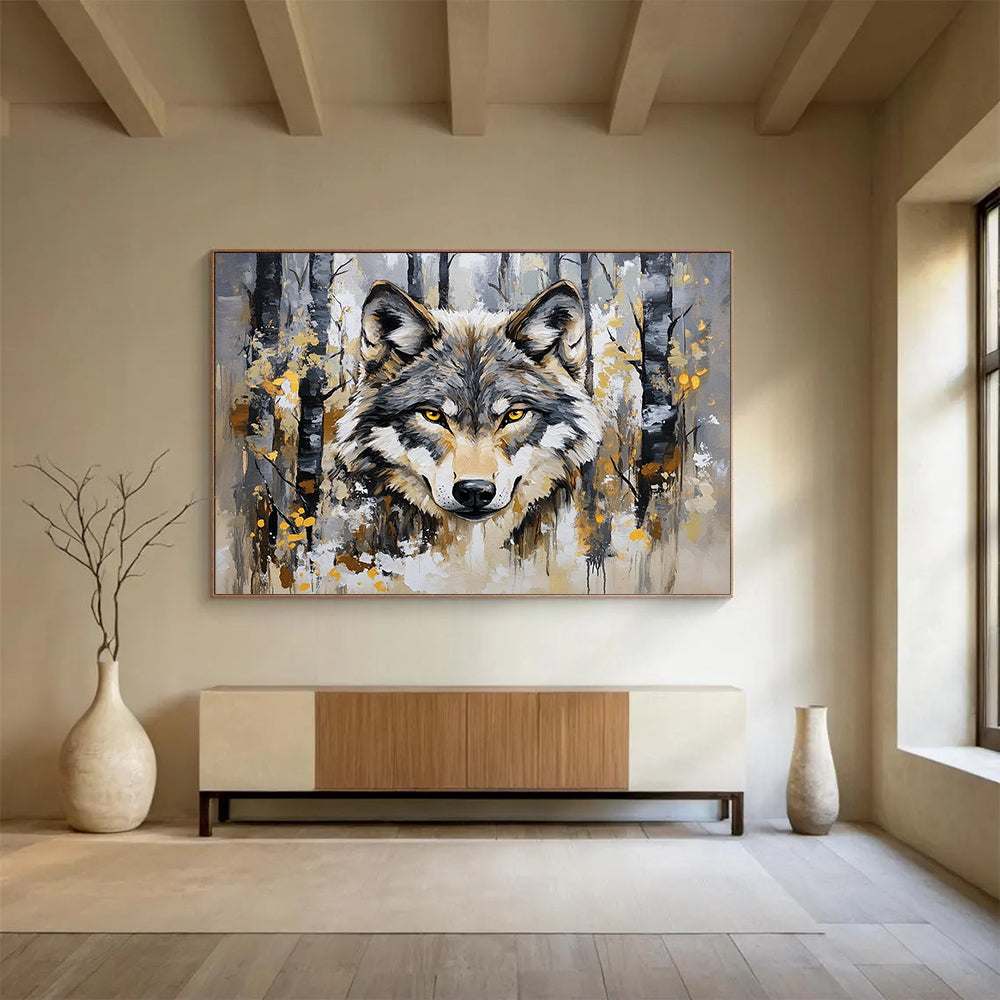 “Wolf in Forest” - Gray, brown, yellow, Realistic Animal Painting HB0636