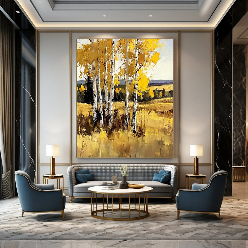 Large contemporary hand-painted abstract artwork featuring birch trees in vibrant yellow against sunny grasslands with bold brush strokes. DLZ1102