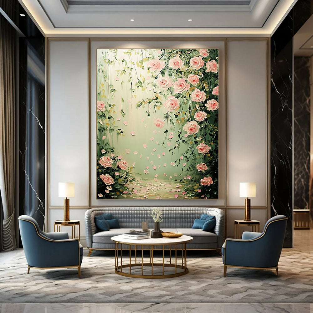 Contemporary hand-painted abstract art featuring pink roses and green leaves with softly falling petals in a dreamy pastel background, perfect for wedding decor. DLZ1508