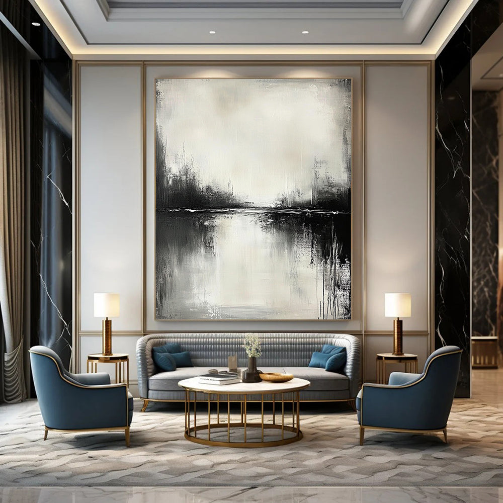 Contemporary abstract painting in black and white with serene water reflections and neutral tones, crafted using oil paint for a tranquil atmosphere. DLZ0399