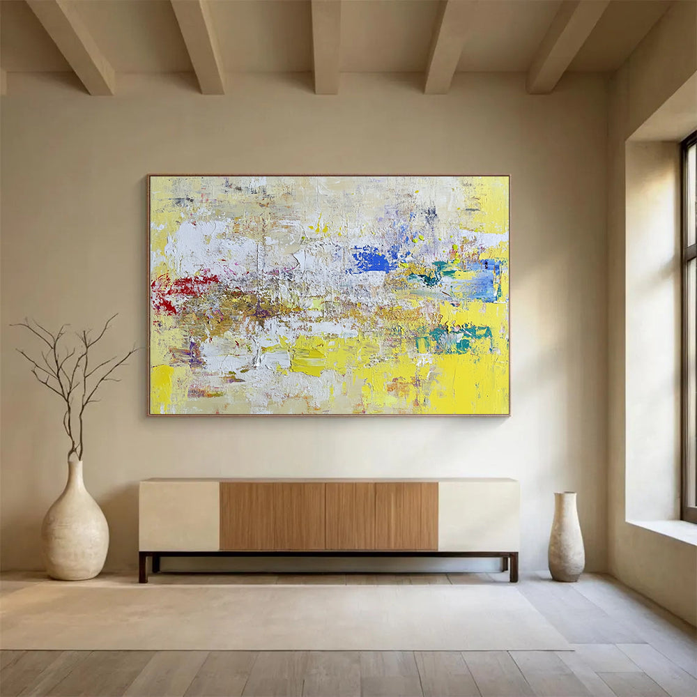 “Yellow - Based Abstract Textures” - Yellow, White, Colorful Splashes - Painting On Canvas HB1407