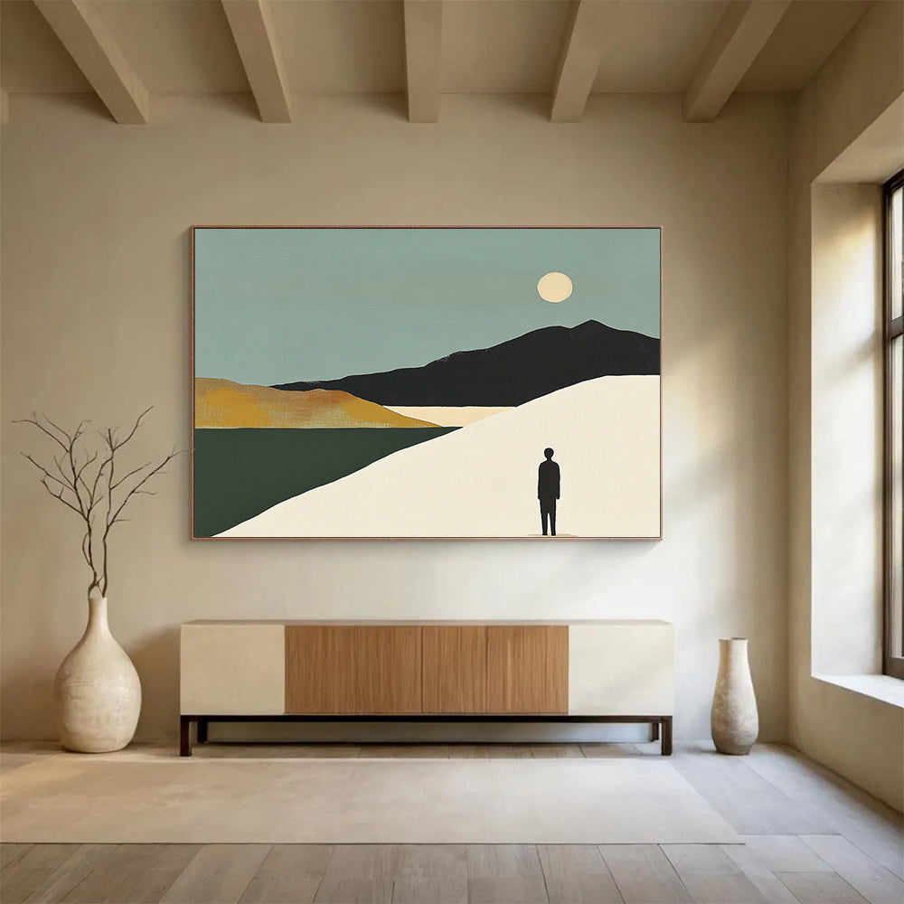“Figure in Moonlit Landscape” - Teal sky, black mountains, white dune, Modern Landscape Painting On Canvas HB0607