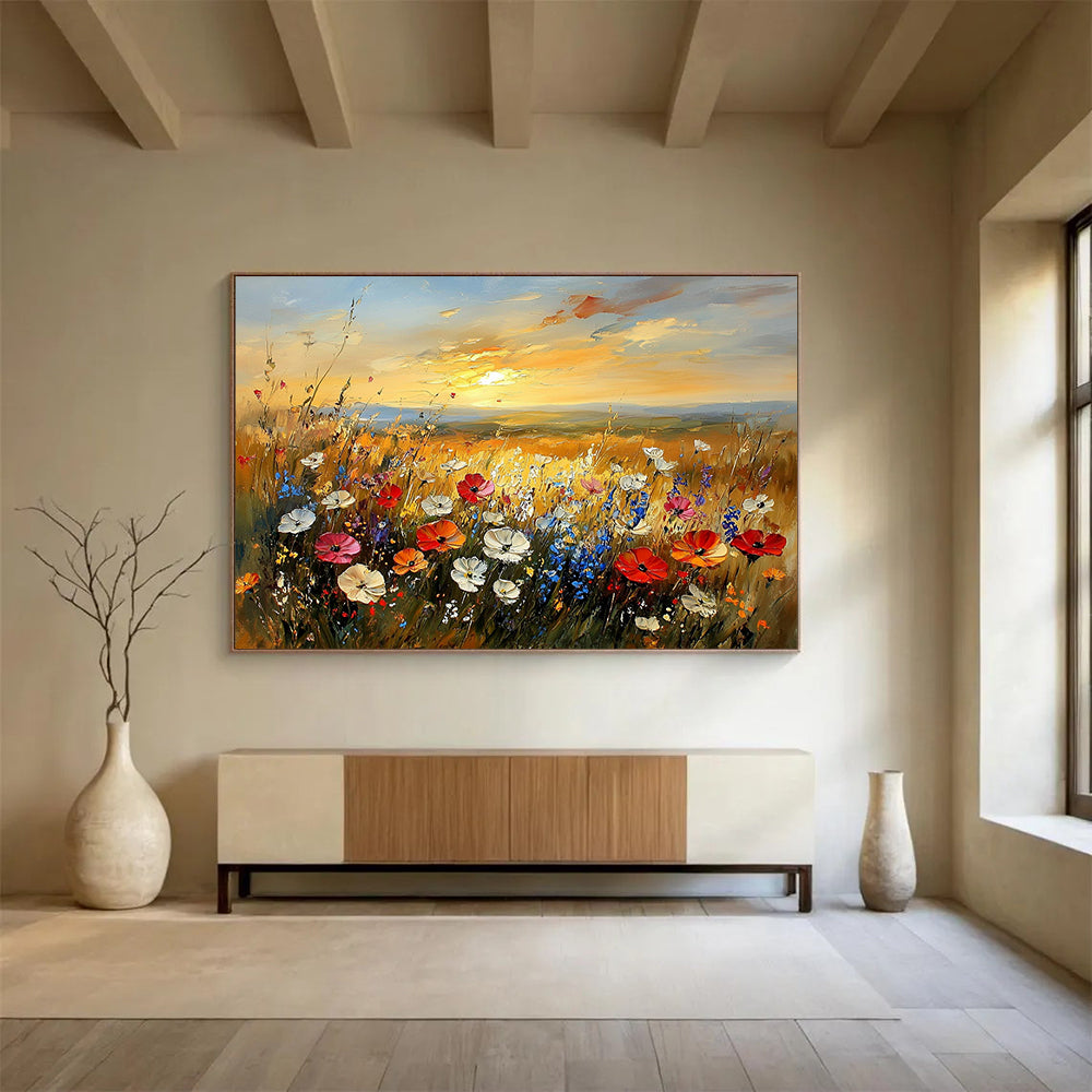 “Wildflower Meadow at Sunset” - Vivid Pinks, Purples, Yellows, Colorful Wildflower Field - Impressionist Oil Painting HB1687