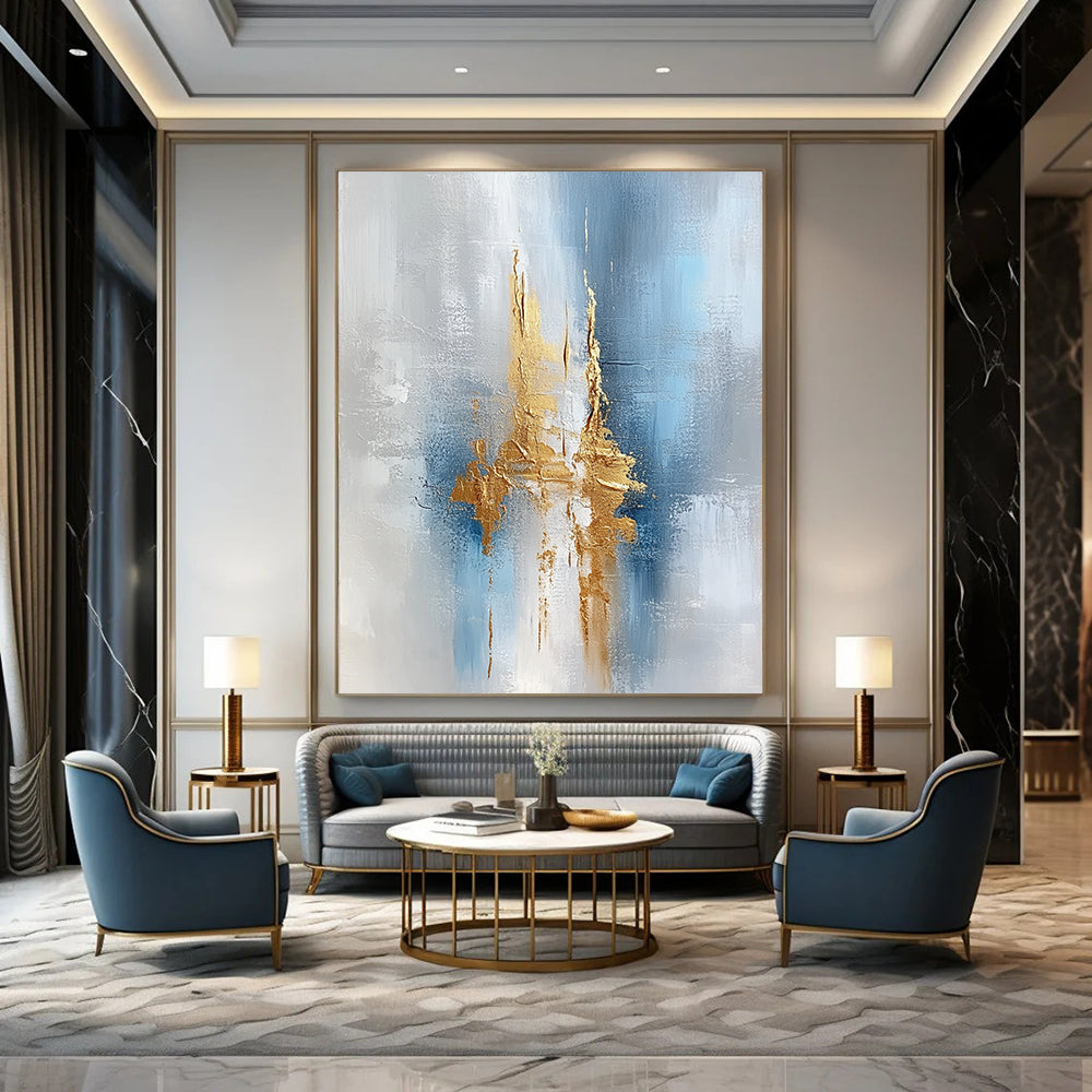 Large contemporary hand-painted abstract artwork featuring a textured light gray and white background with intricate blue and gold accents. DLZ0328