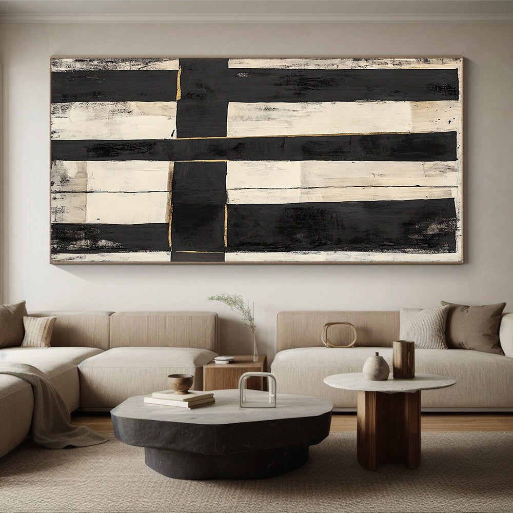 Black, White, Gold, Vertical Rectangles "Gilded Grid" Abstract Constructivist - Inspired Painting On Canvas HB142