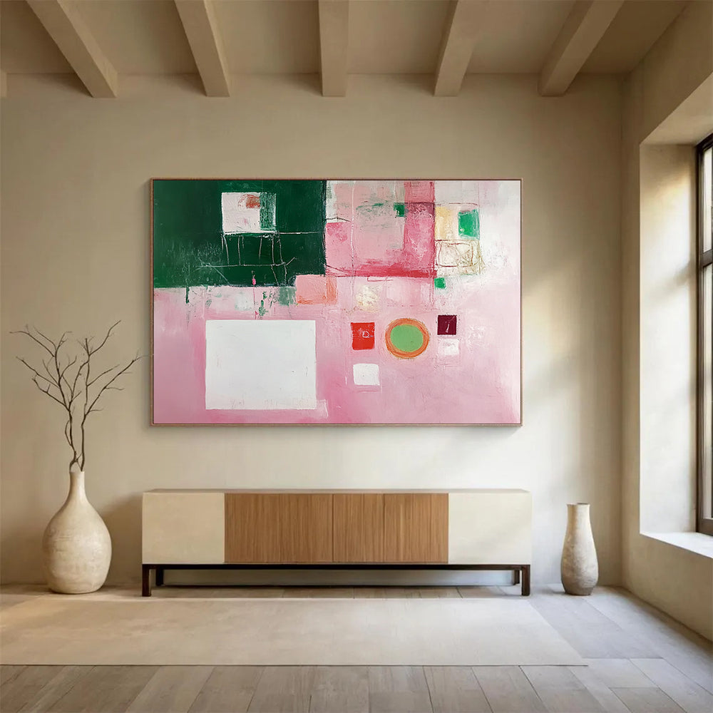 “Pink and Green Collage” - Pink, Green, White, Mixed Geometric Elements - Modernist Acrylic Painting HB1538