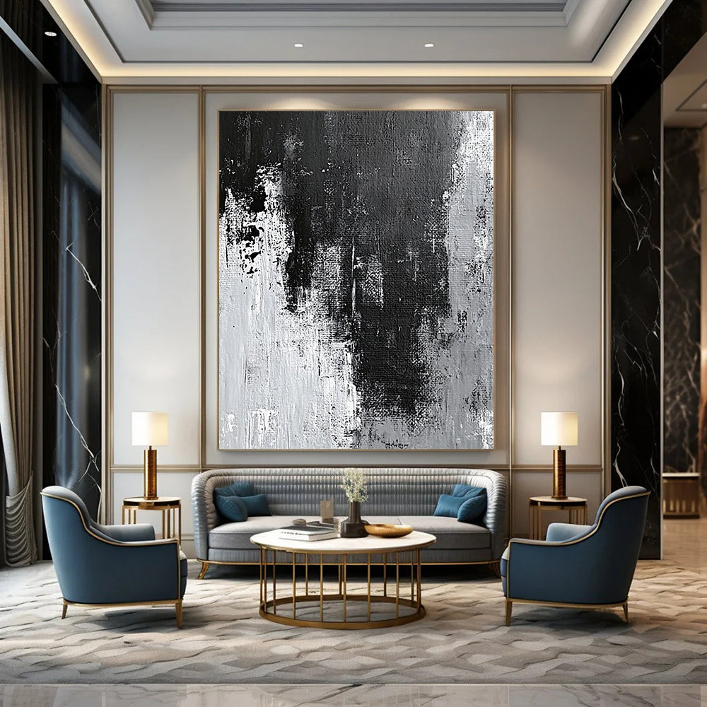 Contemporary hand-painted abstract artwork showcasing intricate gray and black textures with white wall effects and dynamic paint streaks and splashes. DLZ0395