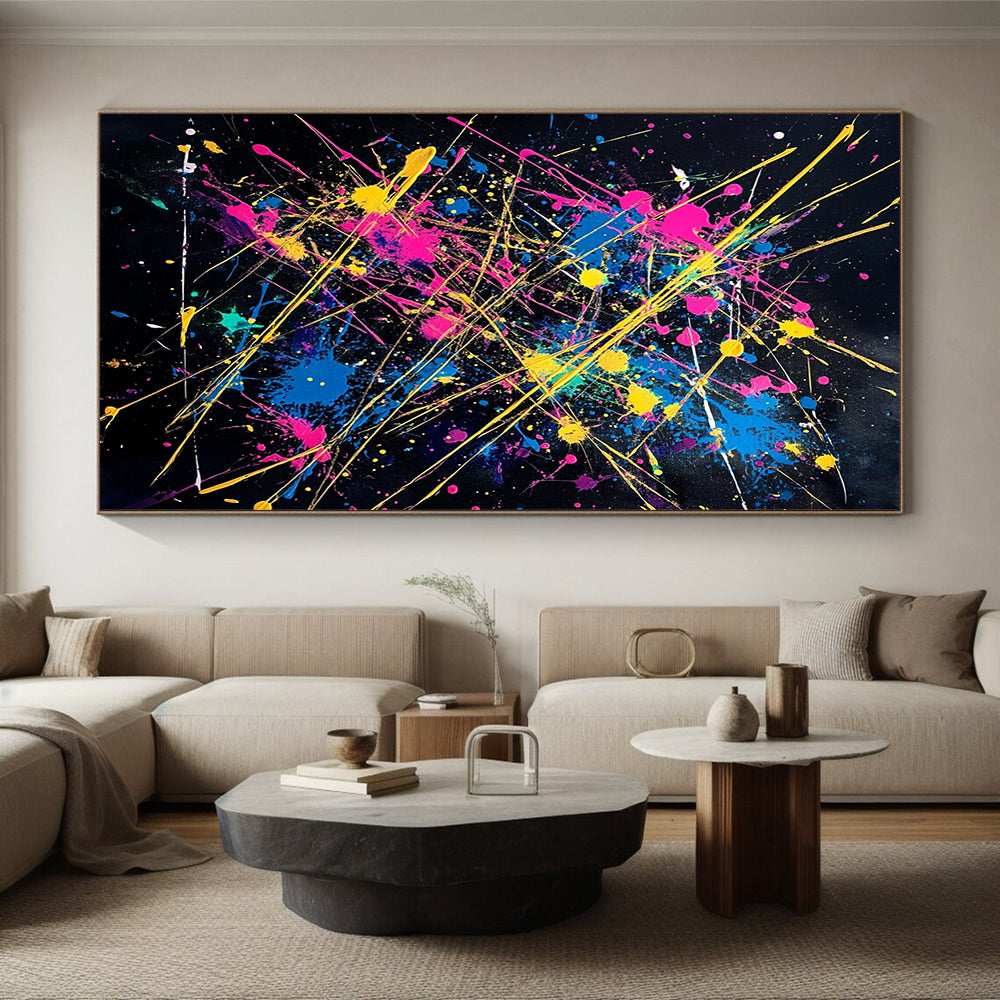 Black, Colorful Splashes, Yellow Lines "Fiesta Explosion" Abstract Painting On Canvas HB029