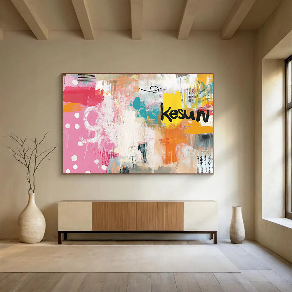 “Colorful Playful Abstract” - Pink, Orange, Teal, Yellow with Dots and “Kesun” - Painting On Canvas HB1389