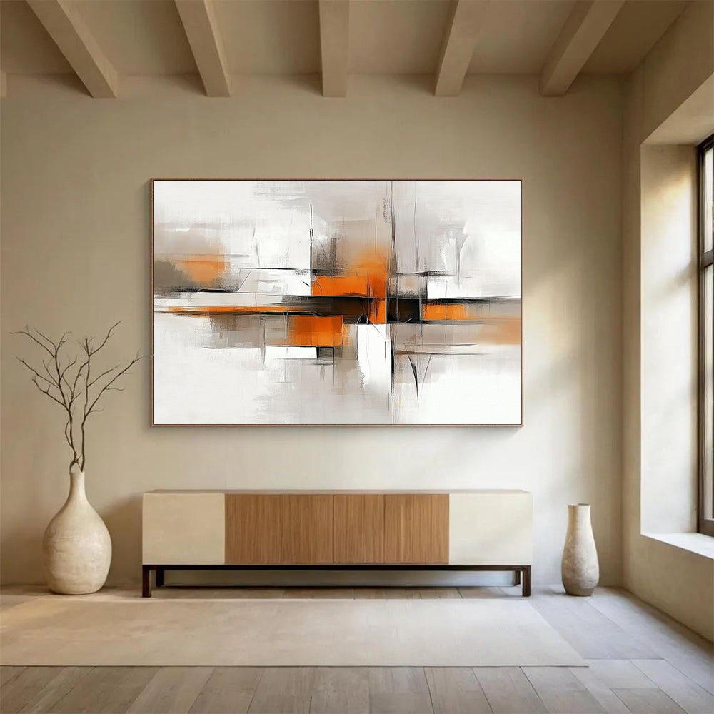 “Geometric Abstract in Gray and Orange” - Gray, orange, white, black; Geometric abstract with lines and blocks; Acrylic Painting On Canvas HB1219