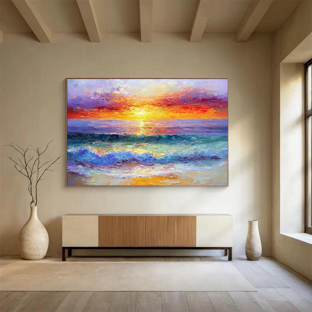 “Blazing Sunset Waves” - Fiery Oranges, Reds, Pinks, Purple, Dynamic Ocean Sunset - Impasto Oil Painting HB1749