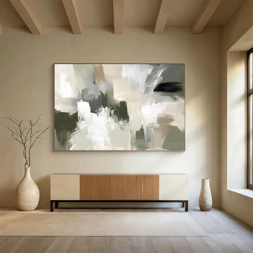 “Neutral Abstract Composition” - Beige, gray, white, green; Abstract composition with soft brushstrokes; Acrylic Painting On Canvas HB1267